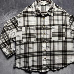 No Comment Plus Shirt Sz 3X White Plaid Flannel Button Up Long Sleeve Pockets